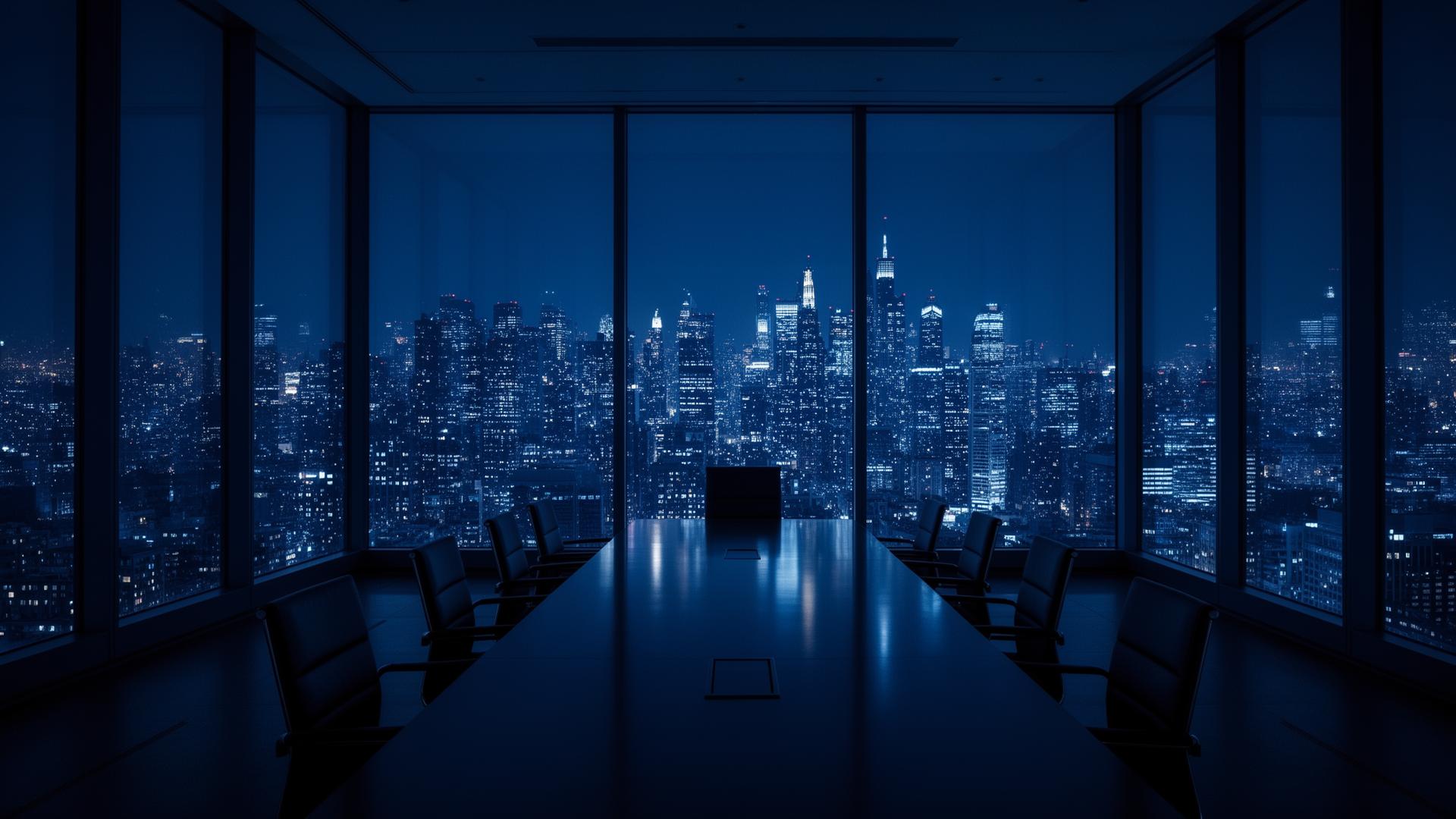 Executive boardroom overlooking a night skyline