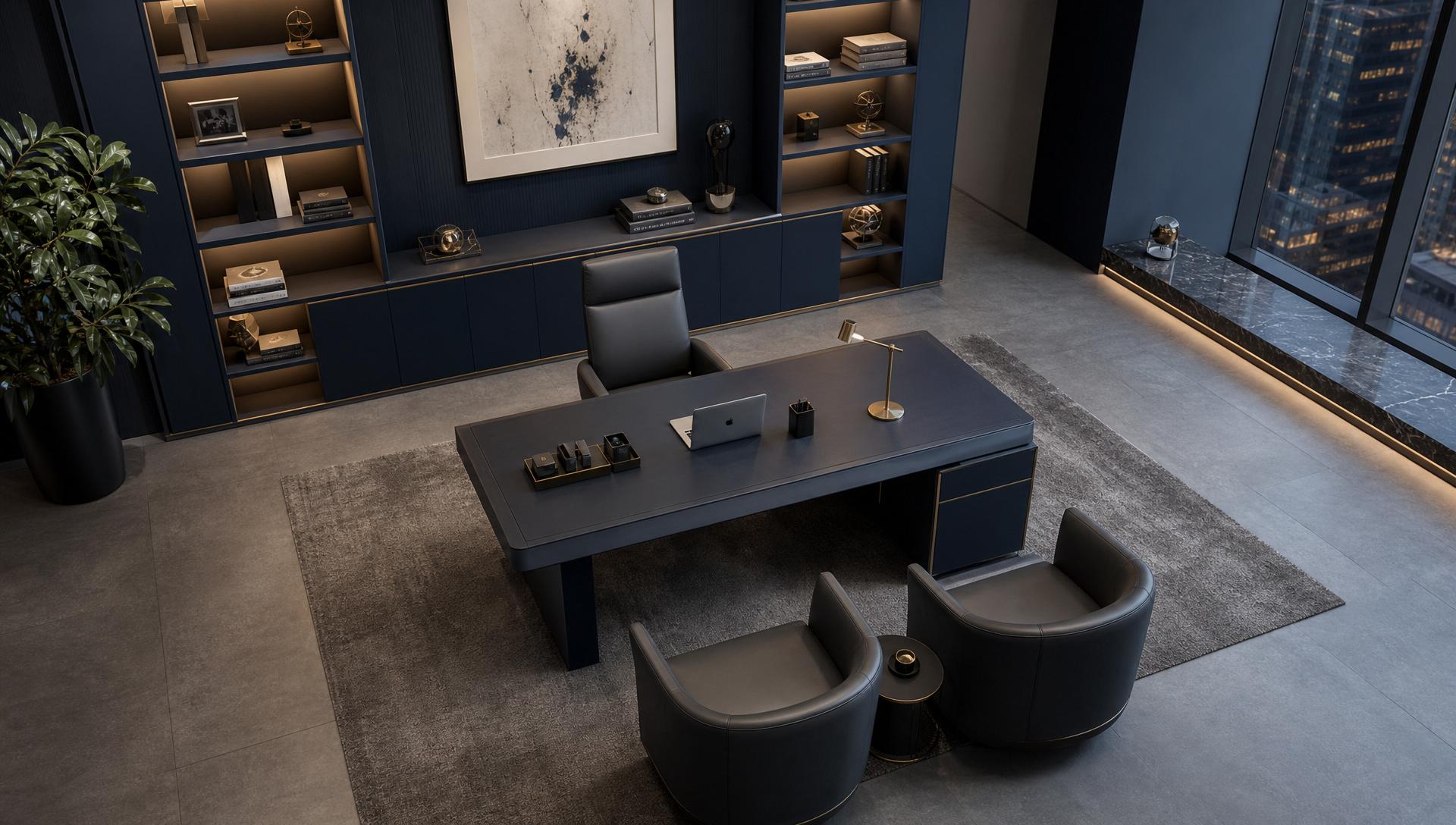Refined navy executive office with city view